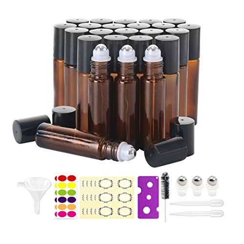 Mavogel 24, 10ml Roller Bottles for Essential Oils - Amber, Glass with Stainless Steel Roller Balls (3 Extra Roller Balls, 54 Pieces Labels, Opener, Funnel, Dropper, Brush Included)