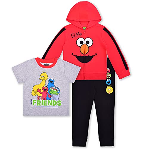 Sesame Street Boys Elmo and Cookie Monster Zip-up Hoodie, T-Shirt and Jogger Set for Infant and Toddlers