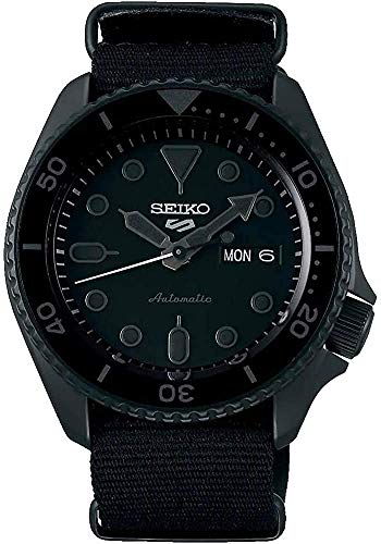 Seiko SRPD79 Watch for Men - 5 Sports, Automatic with Manual Winding, Black Dial with Black Bezel, Black Ion Stainless Steel Case, Black Nylon Strap, and Day/Date