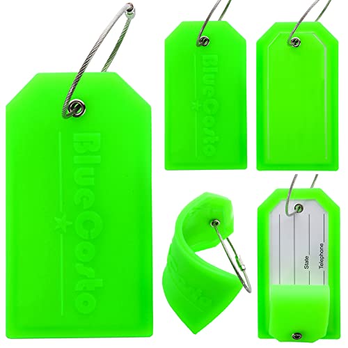 BlueCosto Luggage Tags (Large, Green, 5 PK) - PVC Suitcase Tags w/Privacy Cover & Stainless Steel Wire Loops - Personalized Baggage Identifiers for Travel - Backpack Name Labels