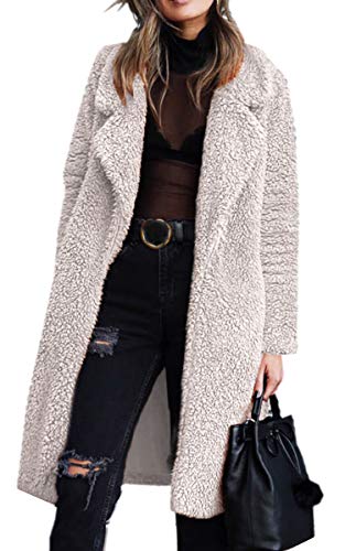 Angashion Women's Fuzzy Fleece Lapel Open Front Long Cardigan Coat Faux Fur Warm Winter Outwear Jackets Light Beige S