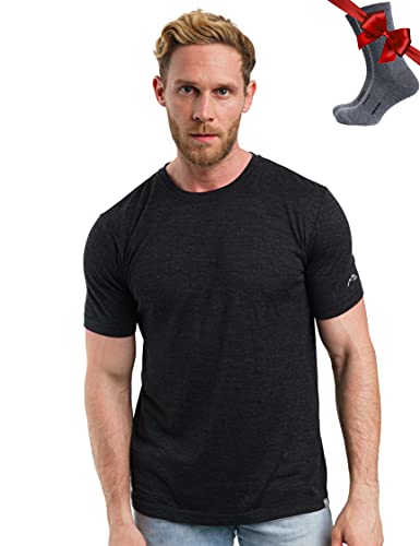 Merino.tech Merino Wool T-Shirt Mens - 100% Organic Merino Wool Undershirt Lightweight Base Layer + Hiking Wool Socks (Charcoal Grey, Large)