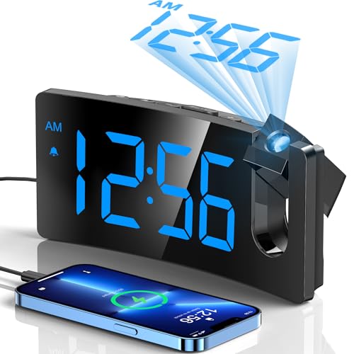 GOLOZA Projection Alarm Clock, Digital Clock with Modern Curved Design 180° Rotatable Projector, 3-Level Brightness Dimmer, Clear Blue LED Display, Progressive Volume, 9mins Snooze,12/24H, for Bedroom