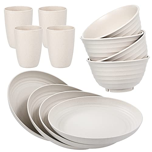 12pcs Wheat Straw Dinnerware Sets, Wheat Straw Plates and Bowls Sets for 4 Microwave Dishwasher Safe Lightweight Beige