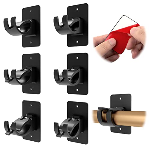 CIEMGNZOC 6 PCS Curtain Rod Bracket Holder, Universal Self Adhesive Wall Mount fits Support Curtain 0.6'' to 1.5'' Curtain Rod, Curtain Rod Hooks for Bathroom Kitchen(Curtain Rod Not Included)(Black)