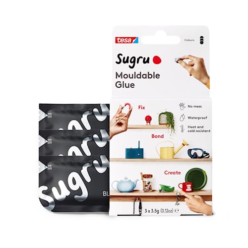 Tesa Sugru Super Glue - Waterproof Glue for Home Improvement + Craft Glue Projects - Versatile Wood Glue, Poster Putty or Silicone Adhesive for Fixing, Repairing + Bonding - 3 Pack - Black (3.5g/ea)