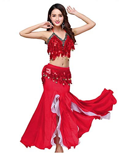 ORIDOOR Women's Belly Dance Dress Belly Dance Crop Top Bra Top and Belt Chiffon Dancing Skirts Costume 3-Piece Outfit Red