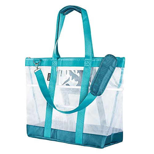 Vulken 42L Extra Large Mesh Beach Bag. 9 Pockets Top Zip Tote Bag, Turquoise