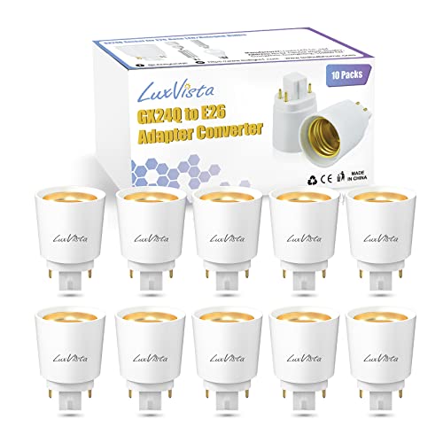 Luxvista Gx24q to E26/E27 LED Light Sockets Adapter, Gx24 to Medium Edison Bulb Base Adapter, 4 Pin CFL Lamp Base Converter, Gx24/Gx24q to E26 Light Fixture, Remove Bypass The Ballast, 10-Pack