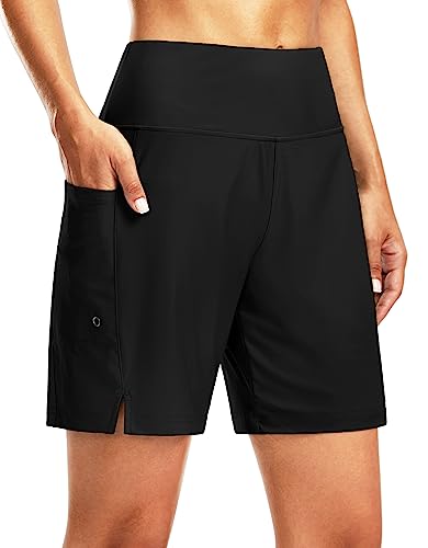 G Gradual Women's 7' Long Swim Board Shorts High Waisted Quick Dry Beach Swimming Shorts for Women with Liner Pockets(Black,XL)