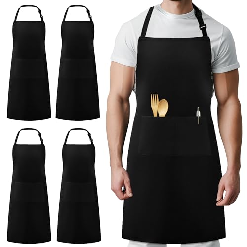 Syntus 4 Pack Chef Apron, Adjustable Bib Apron Waterdrop Resistant Professional Cooking Aprons for Men Women with 2 Pockets, Black