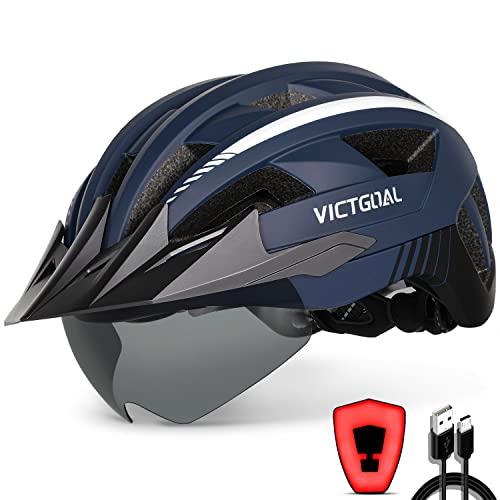 VICTGOAL Bike Helmet with USB Rechargeable Rear Light Detachable Magnetic Goggles Removable Sun Visor Mountain & Road Bicycle Helmets for Men Women Adult Cycling Helmets (L: 57-61 cm, Navy Blue)