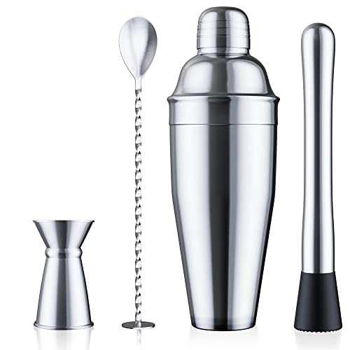 Blue River Water 24oz Cocktail Shaker Set - Martini Shaker w Built-in Drink Shaker Strainer, Muddler, Jigger, Mixing Spoon, Recipe Book for Bartending - Bar Shaker/Alcohol Shaker