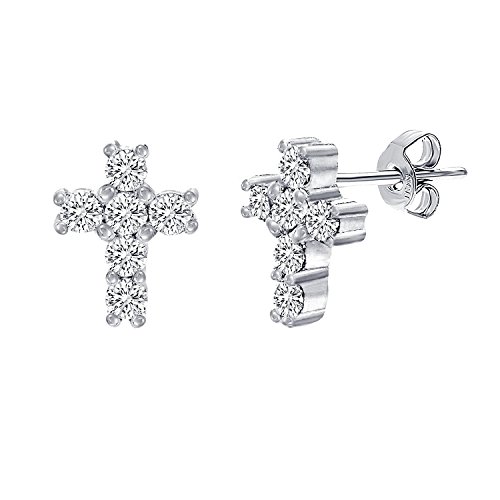 Lesa Michele 925 Sterling Silver Cubic Zirconia Small Cross Earrings for Women Studs