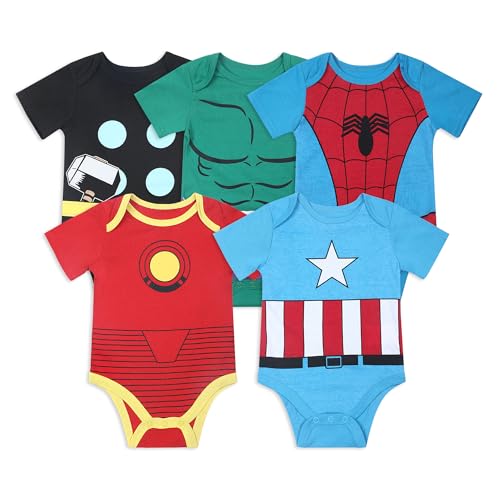 Marvel Avengers Baby Boys 5 Pack Short Sleeve Bodysuit for Newborns and Infants – Blue/Red/Black/Green