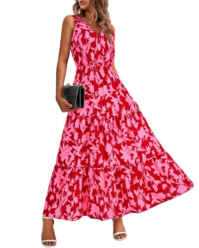 BTFBM Women's Summer Casual Maxi Dress 2024 Sleeveless A-Line Flowy Boho Floral Beach Long Dresses(Red Rose Red Flower,Small)