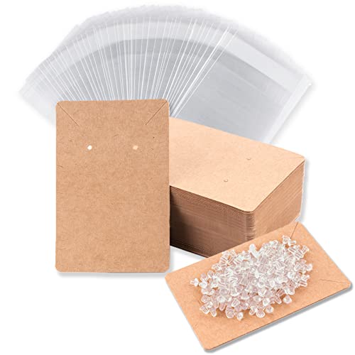 Earring Display Cards with 100 Pcs Earring Holder Cards 200 Pcs Earring Backs and 100 Jewelry Packaging for Earrings Necklace Jewelry Bags 3.5x2.4 Inches (Brown)