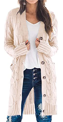 PRETTYGARDEN Long Sleeve Cable Knit Long Cardigan for Women 2023 Fall Winter Chunky Open Front Button Sweaters with Pockets (Off White, Large)