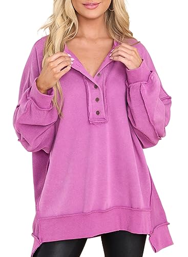 AlvaQ Women's Oversized Sweatshirt Winetr Casual Slit Sloucthy Pullover Tunic Sweatshirts Casual Button V Neck Iiregular Hem Fall Clothes Fashion 2023 Purple Medium