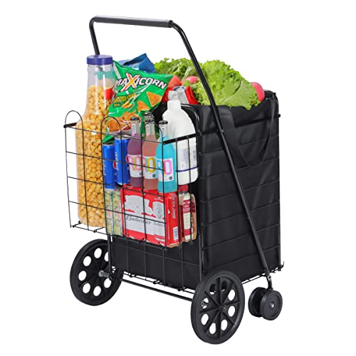 Lifetime Home Upgraded Shopping Cart w/ 360° Swivel Wheels & Waterproof Basket Liner for Groceries, Shopping Laundry - Foldable Collapsible & Lightweight - Extra Large Heavy Duty Utility Cart - Black