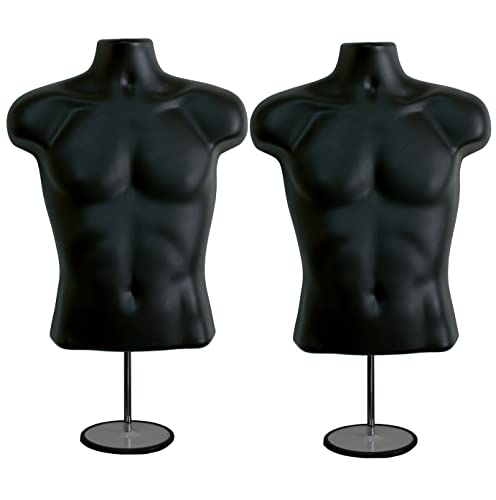 2 Pack Male Mannequin Torso with Stand Dress Form Tshirt Display Countertop Hollow Back Body S-M Clothing Sizes Black