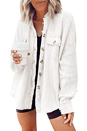 Yanekop Womens Waffle Knit Shacket Boyfriend Shirt Jacket Button Down Blouse Loose Fit Long Sleeve Tops(02 White,S)