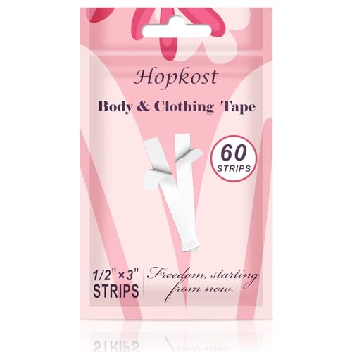 Hopkost Clothing Tape for Women - Double Sided Body Tape for Clothes, Dress, Pants, Transparent All Day Strength Clothing Tape for Skin (Clear, 60 Strips Pack)