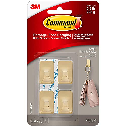 Command Small Metallic Wall Hooks, Total 16 Hooks with 20 Command Strips (4-pack of 4 Hooks), Holds up to 0.5 lb, Brass Color, Removable Self Adhesive Hooks, Great for Wall Décor