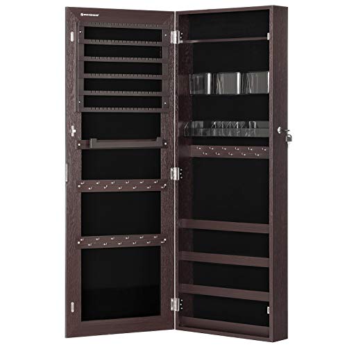 SONGMICS Jewelry Cabinet Armoire, Lockable Wall-Mounted Organizer Unit with 2 Plastic Cosmetic Storage Trays, Full-Length Frameless Mirror, Brown UJJC001K01