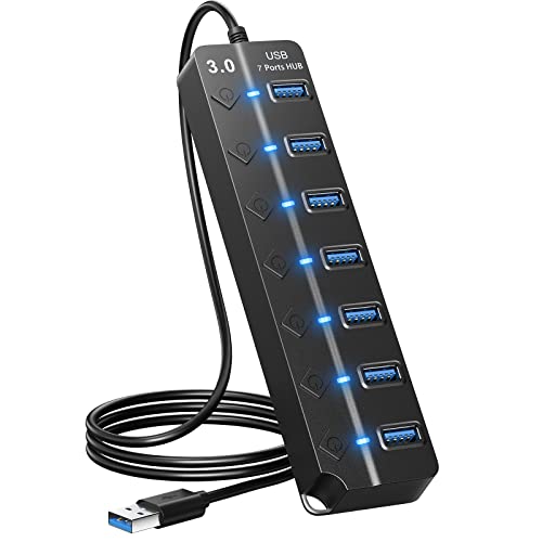 ONFINIO USB Hub 3.0, 7-Port USB Hub Splitter with Individual On/Off Switches and Lights, 3.2ft/1m Long Cable Compatible with MacBook, Laptop, Surface Pro, PS4, PC, Flash Drive, Mobile HDD