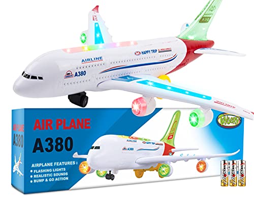 Toysery Airplane Toys for Kids, Bump and Go Action, Toddler Toy Plane with LED Flashing Lights and Sounds. Ideal for Boys & Girls 3-12 Years Old (Airbus A380)