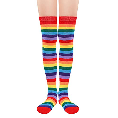 Women's Thigh High Stockings Striped Cosplay Over the Knee Tube Socks Long Boot Leg Warmers for Daily Wear 1 Pack Red Rainbow