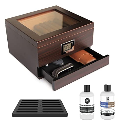 CASE ELEGANCE Glass Top Humidor with Thick Cedar, Easy humidification System, Accurate Digital Hygrometer - Renzo, Brown