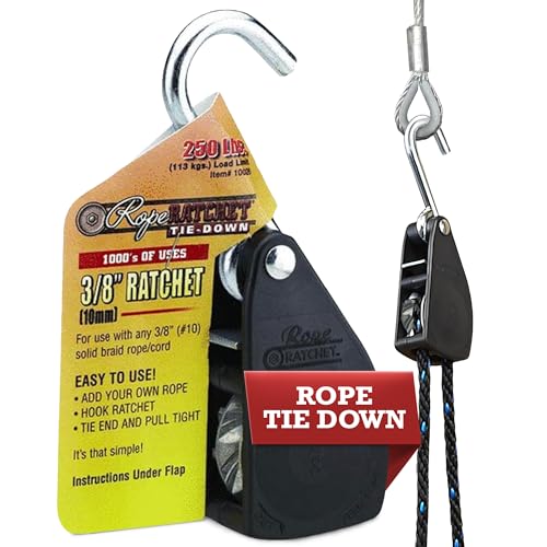 Rope Ratchet 10026 Heavy-Duty 3/8' Ratcheting Tie Down Rope Hanger, 250lb - Robust Rachet Pulley System, Secure Rope Tie Downs with Hooks (1 Ratchet Only, As Pictured)