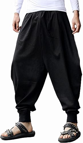 AITFINEISM Men's Drawstring Aladdin Hippie Harem Pants Loose Drop Crotch Trousers (Large, Black-2)