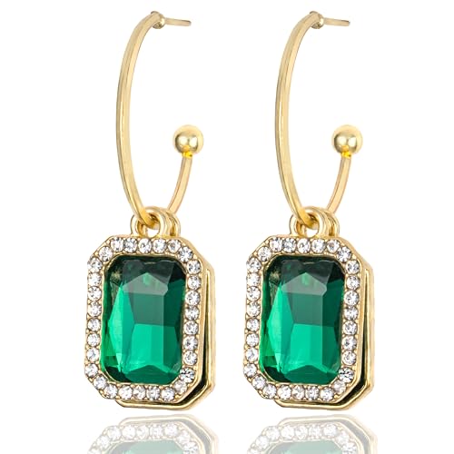 Gold Plated Dangle Earrings for Women with Emerald Cubic Zirconia and Push Back Finding