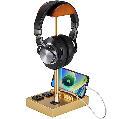CASTLELIFE Headphone Stand Desktop Gaming Headset Holder with 2 AC Outlets and USB C&A Ports, Charging Station&Phone Stands, Wood Earphone Table Game Accessories for Desktop Gamer, Gold