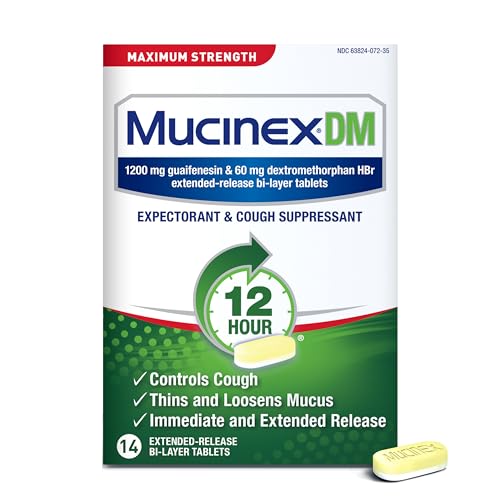 Mucinex Cough Suppressant and Expectorant, DM Maximum Strength 12 Hour Tablets, 14ct, 1200 mg Guaifenesin, Relieves Chest Congestion, Quiets Wet and Dry Cough, #1 Doctor Recommended OTC expectorant