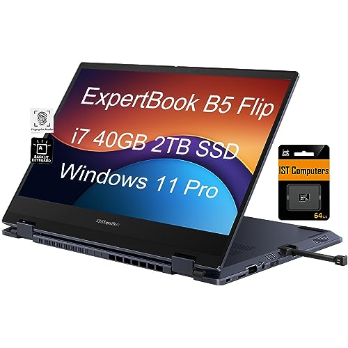 ASUS ExpertBook B5 Flip 2-in-1 Laptop (14' FHD Touchscreen, Intel 4-Core i7-1195G7, 40GB RAM, 2TB SSD) Fingerprint, Backlit KB, Webcam, 3-Year Warranty, Garaged Stylus, IST SD Card, Win 11 Pro, Black