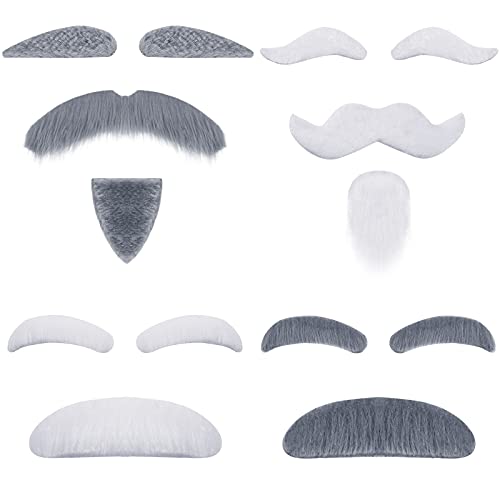 4 Sets Old Man Moustache and Eyebrows Kits, Moustache and Eyebrows Stick on Fake Eyebrows and Moustache Kit for Old Man Dress Up, Grandpa Costume Accessories (Grey, White)