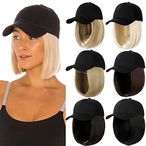 Qlenkay Baseball Cap with Hair Extensions Straight Short Bob Hairstyle Adjustable Removable Wig Hat 14inch for Woman Girl Ash Blonde Mix Bleach Blonde