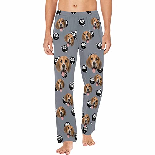 Custom Men's Face Photo Pajama Pants with Dog Bones Sleepwear, Personalized Pajama Bottoms Trousers with Pockets for Birthday Holiday Christmas (XL)