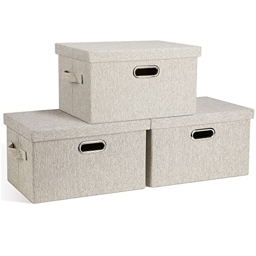 Graciadeco Medium 15' 21 Quart Collapsible Stackable Storage Bins with Lids, 3 Packs Beige Foldable Fabric Closet Boxes Lidded Storage Bins Heavy-duty Linen Baskets Organizers and Storage for Office