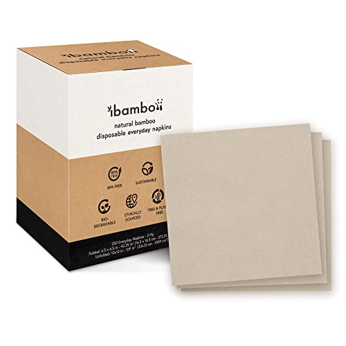Ibambo 250 Pack Bamboo Everyday Napkins - 2-Ply Ecofriendly Lunch & Dinner Napkins - Bamboo Napkins for Events & Occasions - 6.5x6.5 Inch Folded Disposable Napkins - Compostable Napkins for Dining