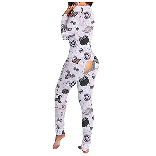 IGETELY Onesie Pajamas for Women with Butt Flap - Halloween Skull Pumpkin Button-Down Front Functional Sexy V-Neck Rompers Pink
