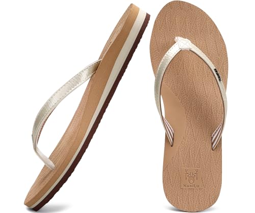 KuaiLu Womens Fashion Flip Flops Ladies Lightweight Summer Beach Yoga Mat Thong Sandals with Comfortable Arch Support Beige Size 7