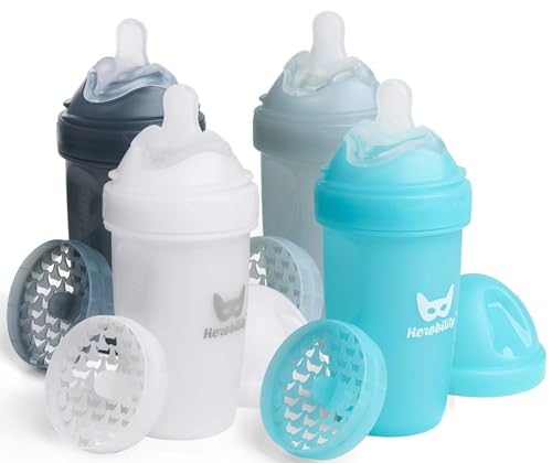 Herobility Double Anti-Colic Baby Bottles – 8.5 fl oz/240ml – 4-Pack – BPA-Free - Multicolor - White, Gray, Iron Blue, Blue