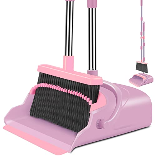 kelamayi Broom and Dustpan Set for Home, Office, Indoor&Outdoor Sweeping, Stand Up Broom and Dustpan (Pink)