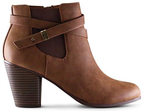 MARCOREPUBLIC Montreal Women's Almond Toe High Chunky Block Stacked Heels Ankle Booties Boots - (Tan DISPU) - 7.5