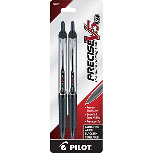 PILOT Precise V5 RT Refillable & Retractable Liquid Ink Rolling Ball Pens, Extra Fine Point (0.5mm) Black Ink, 2-Pack (26050)